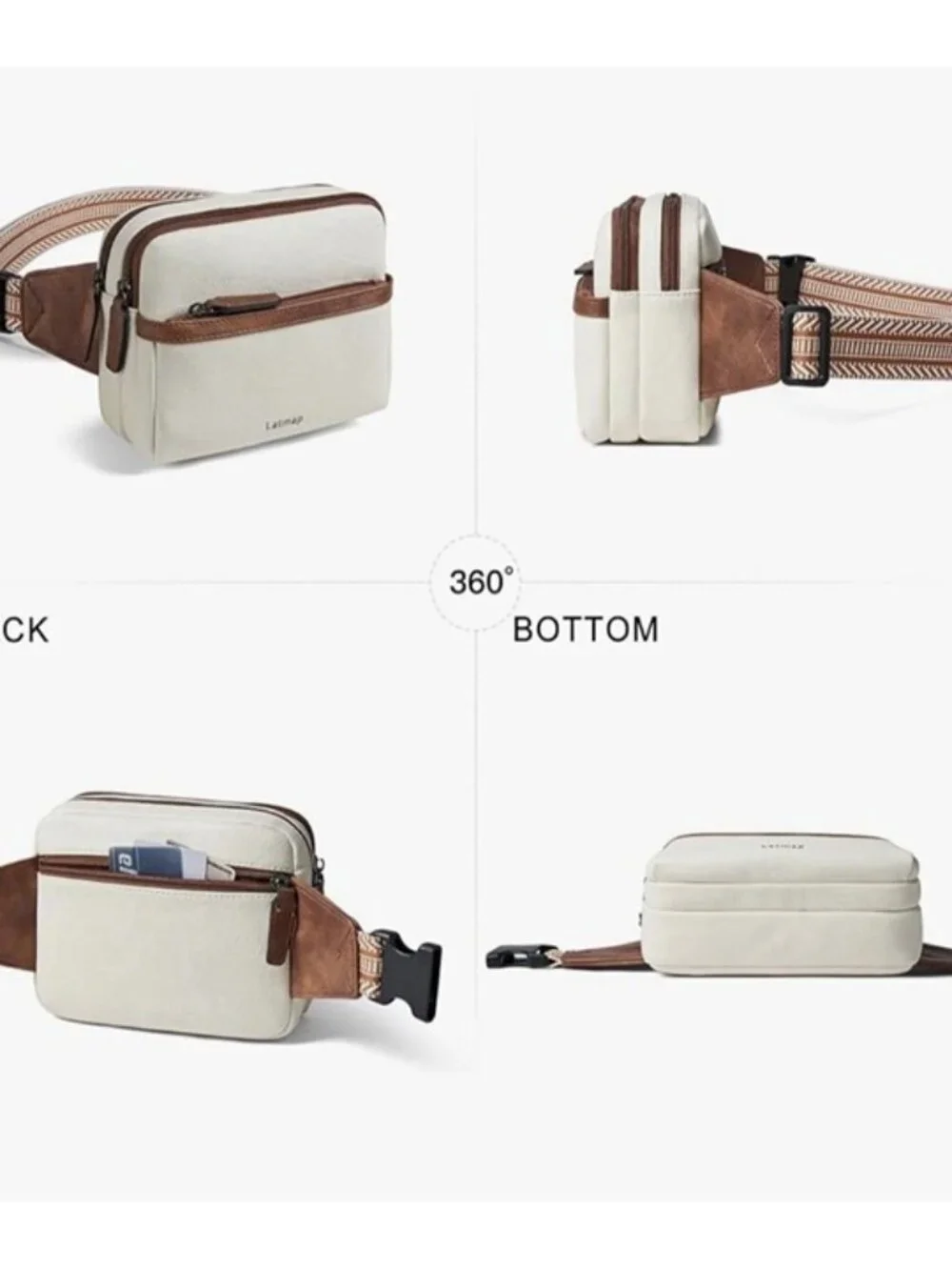 LATMAP Faux Leather Belt Bag Fanny Pack 3L Crossbody Sling Cream Brown NWT - Picture 2 of 4